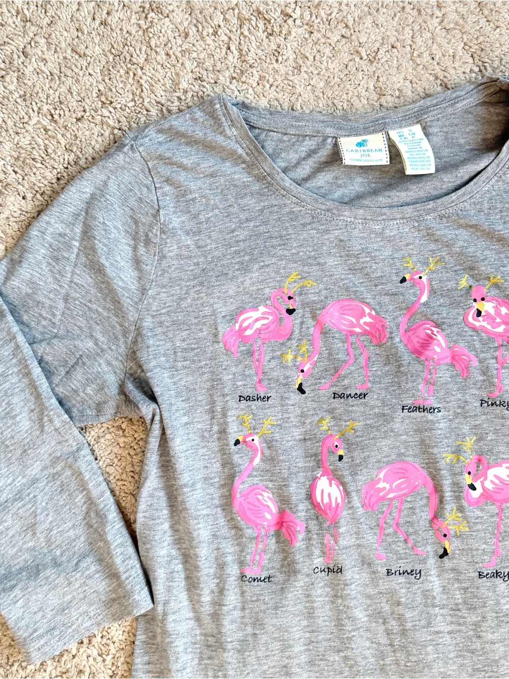 Caribbean Joe womens Gray Flamingo Print Top Size S Small 3/4 Sleeve Cotton Tee - Picture 6 of 6